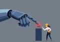 Robot hand pressing red button near concerned female engineer in hard hat Royalty Free Stock Photo