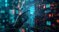 robot hand pressing on virtual digital screen hologram interface binary code Royalty Free Stock Photo