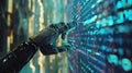 robot hand pressing on virtual digital screen hologram interface binary code Royalty Free Stock Photo