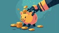 Robot hand puts coin into piggy bank. cartoon illustration Generative AI