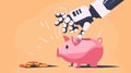 Robot hand puts coin into a piggy bank. illustration Generative AI