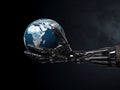 Robot hand reshaping the planet close-up on a black background. Generative AI