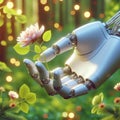 a robot and the hand of a robot in contact with life, with nature