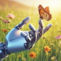 a robot and the hand of a robot in contact with life, with nature