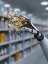 Robot Hand Mixes Holographic Molecules in a Futuristic Pharmacy Setting Showcasing Advanced Technology Royalty Free Stock Photo