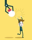 Robot hand stealing idea light bulbs from businessman. Royalty Free Stock Photo