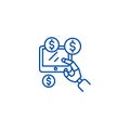 Robot hand, tablet with money, a line icon concept. Robot hand, tablet with money, a flat vector symbol, sign, outline