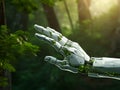 Robot hand touches green nature