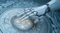 A robot hand is touching a circular object with an intricate design, AI Royalty Free Stock Photo
