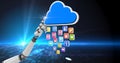 Robot hand touching cloud shape and various icons in background Royalty Free Stock Photo