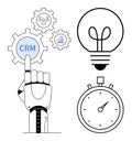 Robot Hand Touching CRM Icon, Lightbulb, and Stopwatch Representing Innovation and Efficiency Royalty Free Stock Photo
