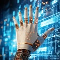 robot hand touching digital data network interface on blurred background 3d image Royalty Free Stock Photo
