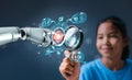 Robot hand touching on global virtual network connection future interface with the girl holding magnifying glass. Royalty Free Stock Photo