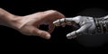 Robot hand touching human finger on black background, Generative AI illustrations Royalty Free Stock Photo
