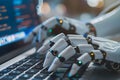 Robot hand typing on the computer. Futuristic robot hand typing and working with laptop keyboard. selective focus of human and Royalty Free Stock Photo