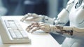 Robot hand typing on computer keyboard in modern office, closeup Royalty Free Stock Photo