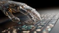 Robot hand typing on keyboard ai automation technology artificial intelligence future computing systems. Royalty Free Stock Photo