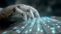 Robot hand typing on keyboard artificial intelligence future technology automation ai coding innovation Royalty Free Stock Photo