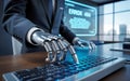 Robot hand typing on keyboard with error 404 message on screen. Royalty Free Stock Photo
