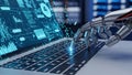 Robot hand typing on a laptop with futuristic digital data interface 213033 20251218 Royalty Free Stock Photo