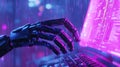Robot hand typing on laptop with glowing code Royalty Free Stock Photo