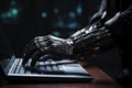 Robot hand typing on laptop keyboard at night. Artificial intelligence concept, Robot hand working on laptop computer in dark Royalty Free Stock Photo