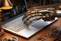 robot hand working with laptop and arm. 3D image Royalty Free Stock Photo