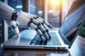 robot hand working on laptop to checking correct data by using Royalty Free Stock Photo