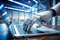 robot hand working on laptop to checking correct data by using Royalty Free Stock Photo