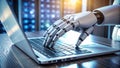 robot hand working on laptop to checking correct data by using Royalty Free Stock Photo
