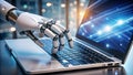 robot hand working on laptop to checking correct data by using Royalty Free Stock Photo