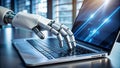robot hand working on laptop to checking correct data by using Royalty Free Stock Photo