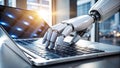 robot hand working on laptop to checking correct data by using Royalty Free Stock Photo