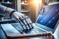 robot hand working on laptop to checking correct data by using Royalty Free Stock Photo