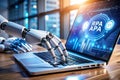 robot hand working on laptop to checking correct data by using Royalty Free Stock Photo