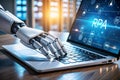 robot hand working on laptop to checking correct data by using Royalty Free Stock Photo