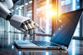 robot hand working on laptop to checking correct data by using Royalty Free Stock Photo