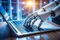 robot hand working on laptop to checking correct data by using Royalty Free Stock Photo