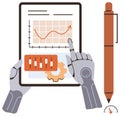 Robot hands analyzing data on a tablet with a pen and speedometer for automation and efficiency concept Royalty Free Stock Photo