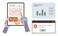 Robot hands interacting with data charts and error message interface on digital devices Royalty Free Stock Photo