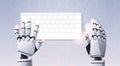 Robot hands holding mouse using computer keyboard typing top angle view artificial intelligence digital futuristic