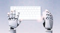 Robot hands holding mouse using computer keyboard typing top angle view artificial intelligence digital futuristic Royalty Free Stock Photo