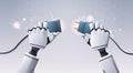 Robot hands inserting plug in socket ready to connect top angle view artificial intelligence digital futuristic