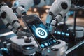 Robot Hands Interact with Smartphone Displaying Futuristic Interface and Data Visualization. Advanced Robotics Tech Royalty Free Stock Photo