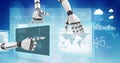 Robot hands interacting with technology interface panels of world weather
