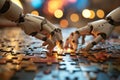 Robot hands join puzzle pieces in the office. Ai robot putting the jigsaws team together, Charity, volunteer Royalty Free Stock Photo