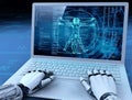 Robot hands, laptop with human image, evolution, blue background