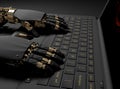 Robot hands, laptop with human image, evolution, blue background