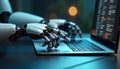 Robot hands operate laptop. AI advisor bot on laptop screen. Futuristic scene. Robot uses laptop in modern tech office. Advanced