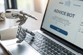 Robot hands pointing to AI chatbot button Royalty Free Stock Photo